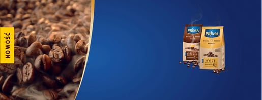 Opakowanie ziaren kawy Prima: Aroma Gold i Aroma Intense na niebieskim tle