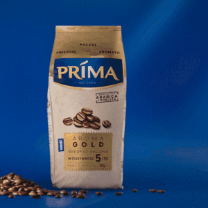 Ruchomy obraz Prima Gold przedstawiający z tyłu opakowanie kawy Prima Intenso