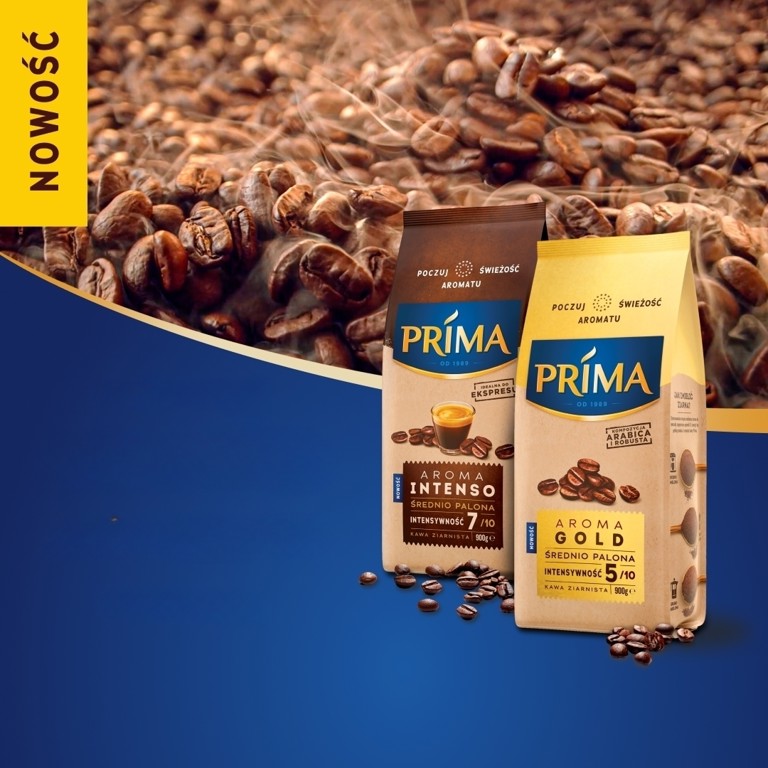 Opakowanie ziaren kawy Prima: Aroma Gold i Aroma Intense na niebieskim tle